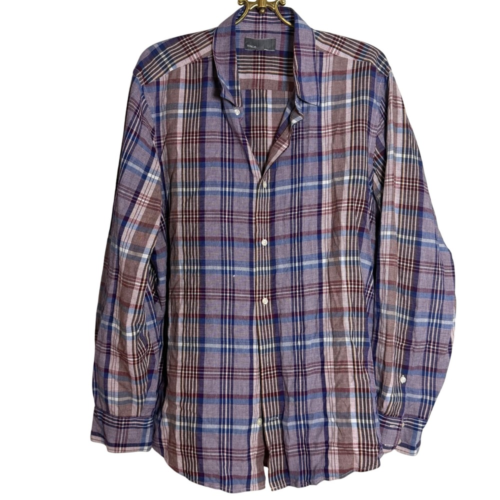 Vince Mens XXL Plaid Button Down Shirt Purple Blue‎ Cotton Lyocell Linen Blend
